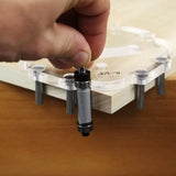 Hand installing woodworking router jig guide on wood corner for precise routing