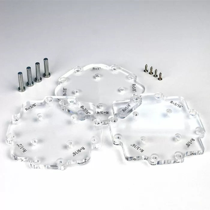 Acrylic router jig templates with screws and bolts for woodworking projects