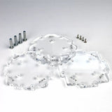 Acrylic router templates with roundover radius markings and mounting hardware for woodworking