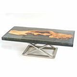 Modern epoxy resin river table with live edge wood slab and metal base, woodworking decor