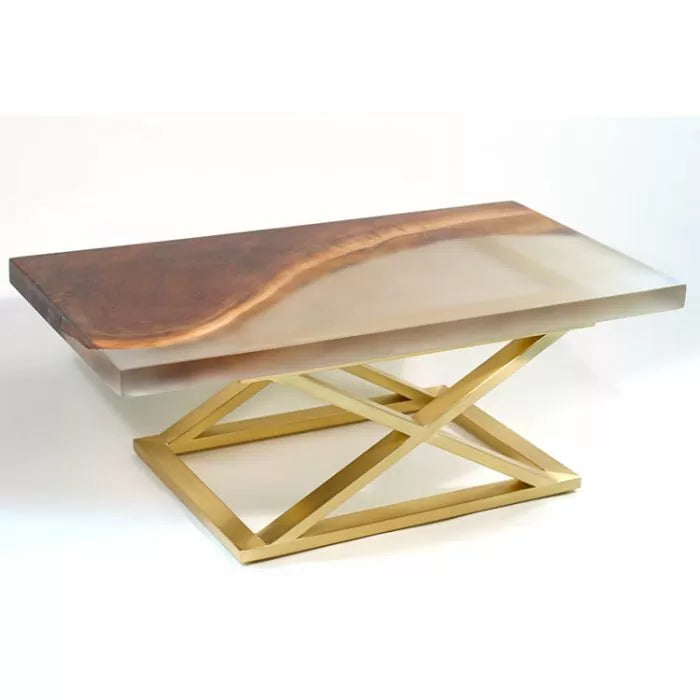 Modern epoxy resin river table with live edge wood top and geometric gold metal base