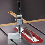 Digital height gauge measuring saw blade height on table saw for woodworking accuracy