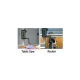 Digital height gauge measuring table saw blade and router bit for woodworking precision.