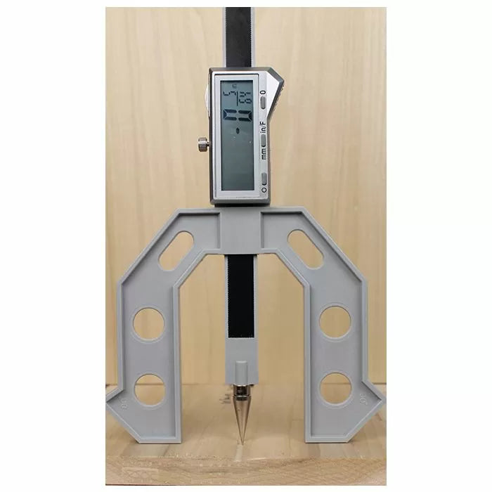 Digital height gauge marking tool on wood panel for precision woodworking measurements