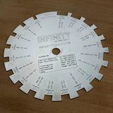 Steel dado saw blade measuring guide for woodworking, on a wooden surface.