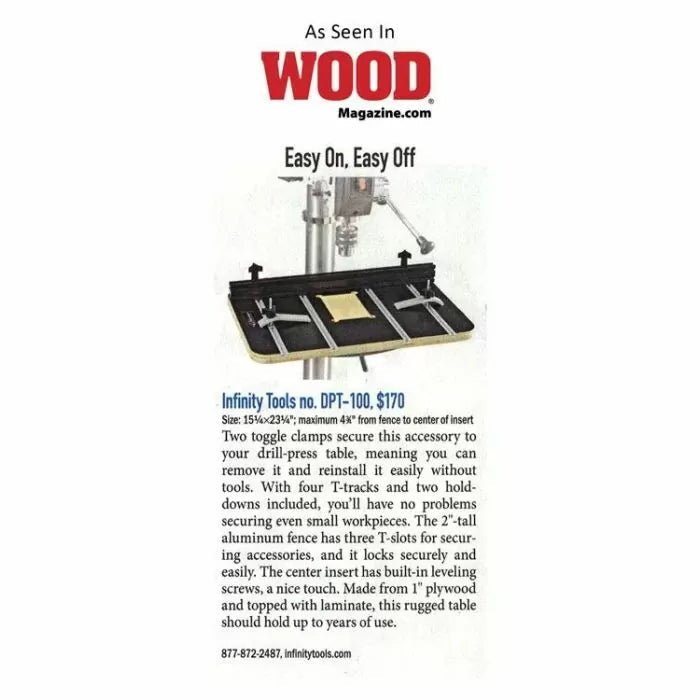 Drill press table with adjustable fence, T-tracks, and toggle clamps for woodworking.