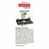 Drill press table with adjustable fence, T-tracks, and toggle clamps for woodworking.