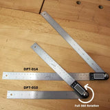Digital angle rulers DPT-014 and DPT-010 on wooden workbench, 360-degree rotation tool