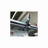 Underside view of fence rail mount with handle on woodworking saw table