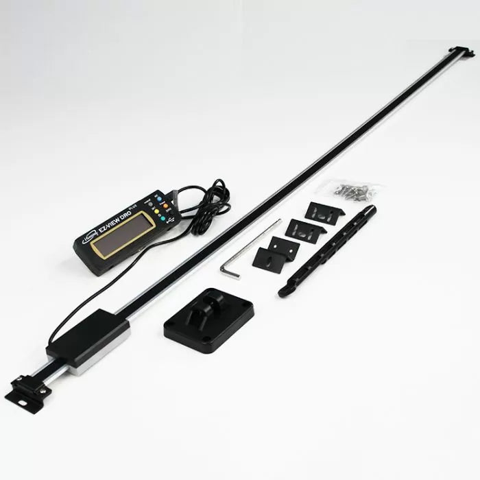 Digital readout kit with electronic display, rail, brackets, hardware, and mounting accessories
