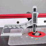 Digital caliper gauge measuring router bit height on a woodworking router table