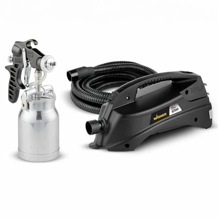 Wagner HVLP spray system with spray gun, hose, and turbine for woodworking finishing