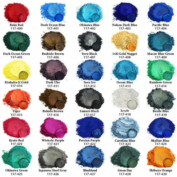 Array of colorful pigment powders with names and codes labeled for each shade.
