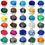 Array of colorful pigment powders with names and codes labeled for each shade.