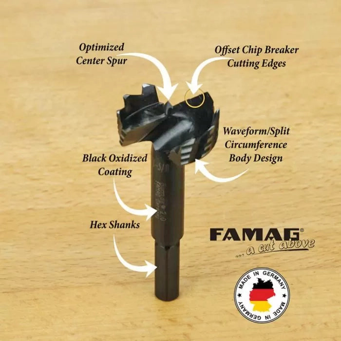 Forstner drill bit with hex shank, black oxide coating, labeled features on wood surface