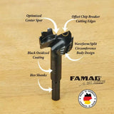 Forstner drill bit with hex shank, black oxide coating, labeled features on wood surface