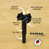 Forstner drill bit on wood surface, labeled features include optimized center spur, offset chip breaker cutting edges, waveform body design, black oxide coating, and hex shank.
