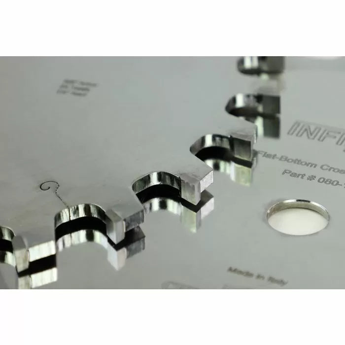 Close-up of precision carbide saw blade teeth for woodworking, showing flat-top grind