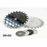 Set of metal dado saw blades and chippers for woodworking on white background