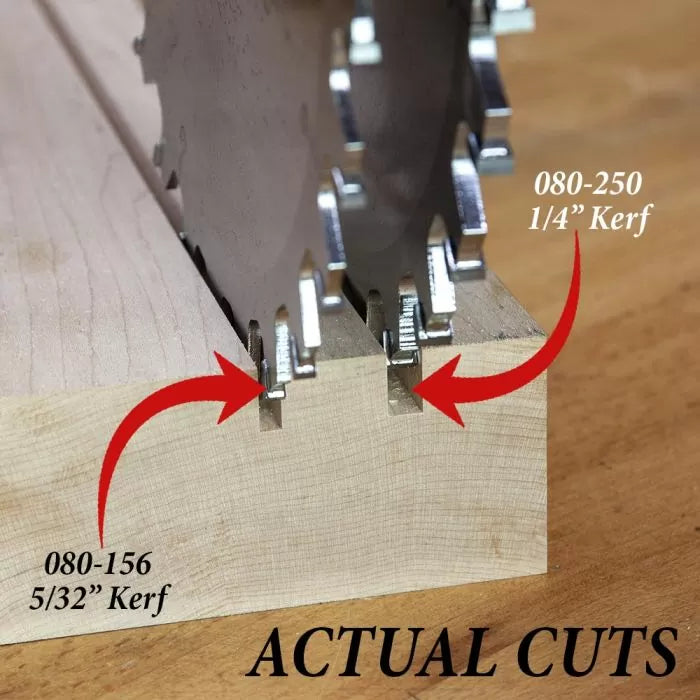 Woodworking dado saw blades cutting flat-bottom grooves with labeled kerf sizes on wood.