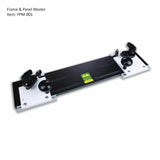 Woodworking frame and panel jig with adjustable knobs on a black and white base