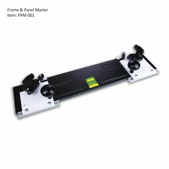 Frame and panel woodworking jig with black base, adjustable clamps, and white end blocks