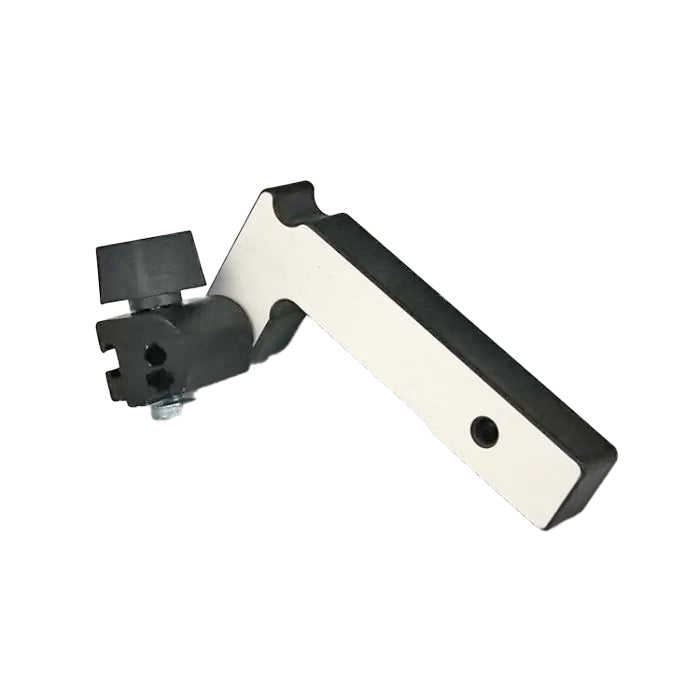 Router table hold down clamp with adjustable metal arm and knob, woodworking tool
