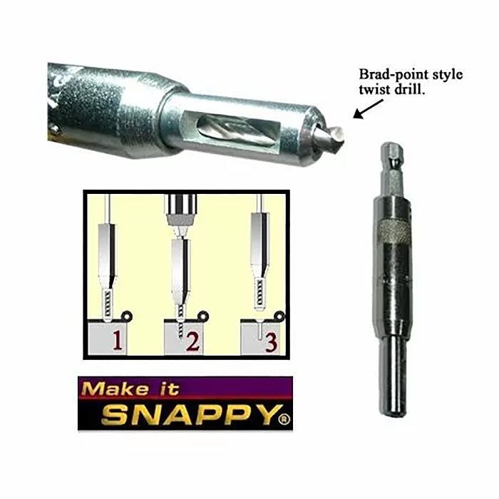 Brad-point twist drill bit with hex shank and usage diagram for woodworking.