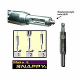 Brad-point twist drill bit with hex shank and usage diagram for woodworking.