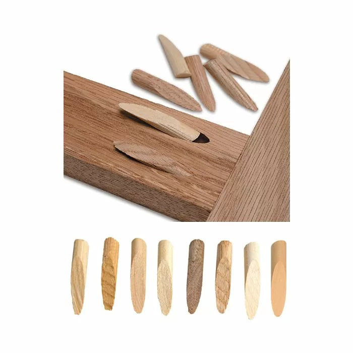 Assorted wooden pocket hole plugs for woodworking joinery shown with sample installation in wood panel.