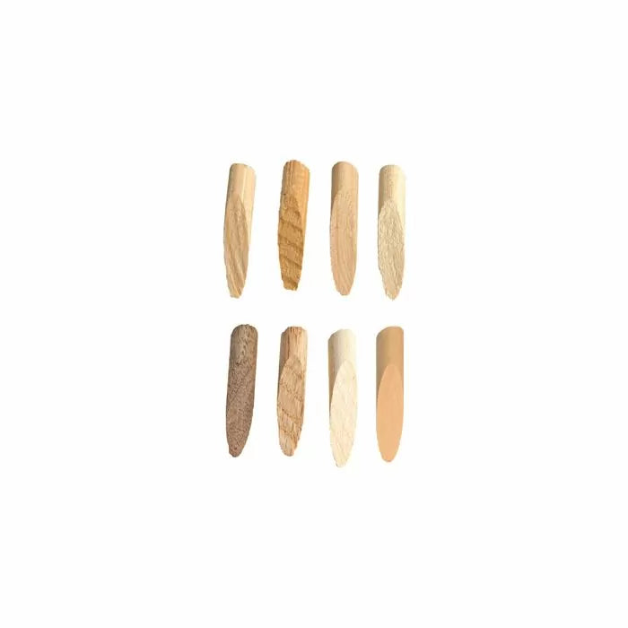 Eight tapered wood plugs in various wood tones for woodworking joinery repairs