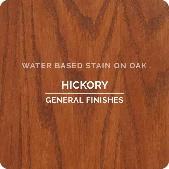 Sample of hickory water based wood stain on oak with visible wood grain pattern.