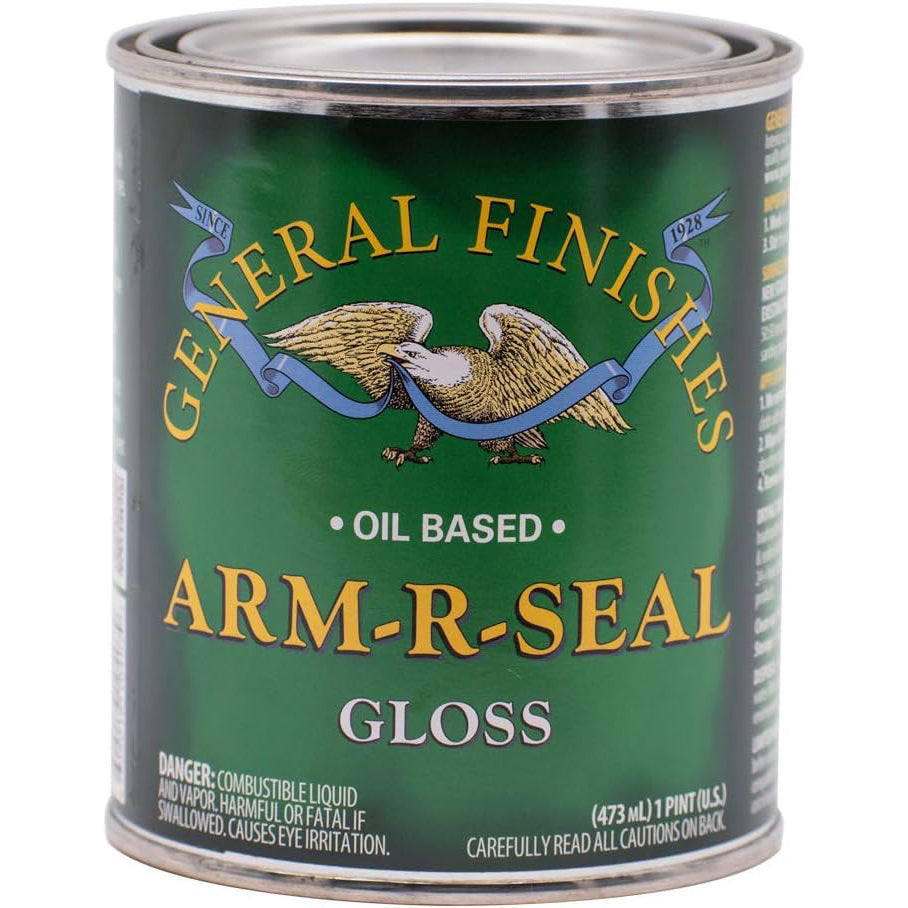 General Finishes Arm-R-Seal Gloss oil based wood finish can, close up product photo
