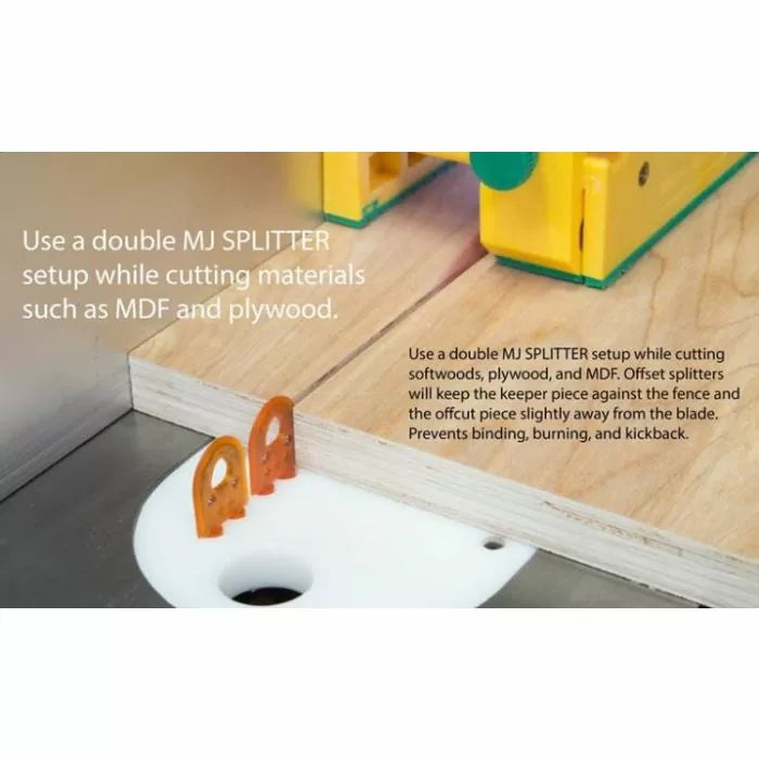Table saw setup with double MJ splitter for safe plywood and MDF woodworking cuts