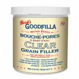 Clear water-based grain filler container for woodworking, labeled Goodfilla, non-shrinking formula