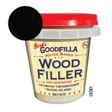 Ebony wood filler 8 oz container with red lid and swatch for woodworking repairs