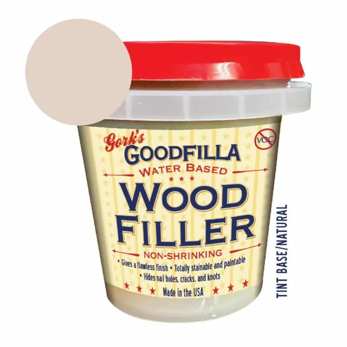 Goodfilla water-based wood filler tub with red lid and natural tint base color swatch