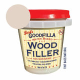 Goodfilla water-based wood filler tub with red lid and natural tint base color swatch