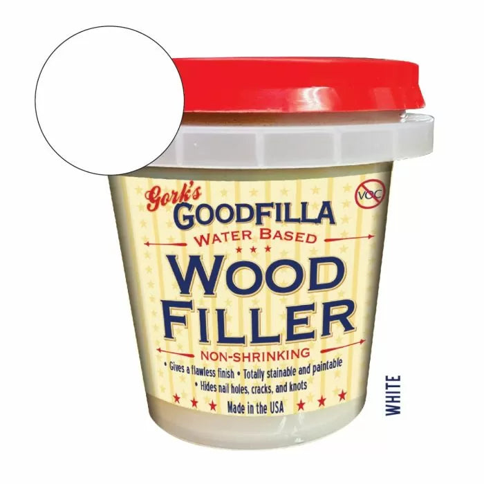 White wood filler container with red lid and product label, sample swatch shown.