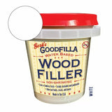White wood filler container with red lid and product label, sample swatch shown.