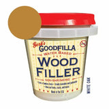 White Oak water-based wood filler tub with sample swatch and red lid, 8 oz size.