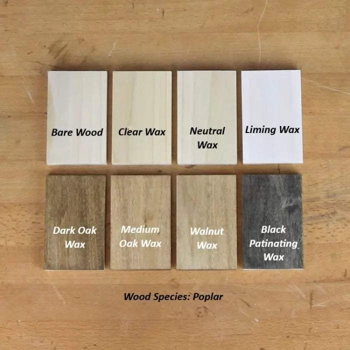 Poplar wood samples showing finishes: bare wood, clear, neutral, liming, oak, walnut, black wax.