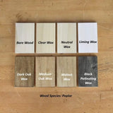 Poplar wood samples showing finishes: bare wood, clear, neutral, liming, oak, walnut, black wax.