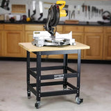 Heavy-duty miter saw stand with saw on lockable caster wheels in a workshop setting