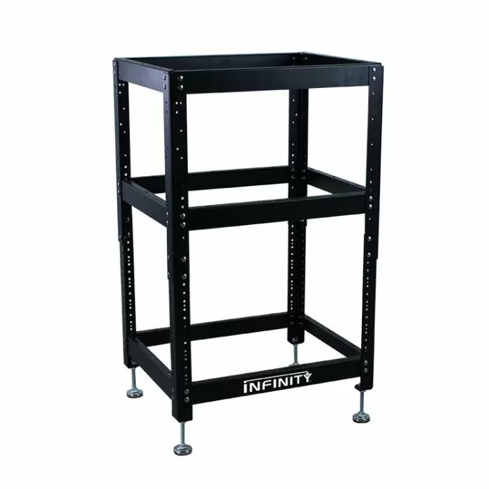 Adjustable black steel tool stand frame with leveling feet for woodworking shop use