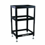 Adjustable black steel tool stand frame with leveling feet for woodworking shop use