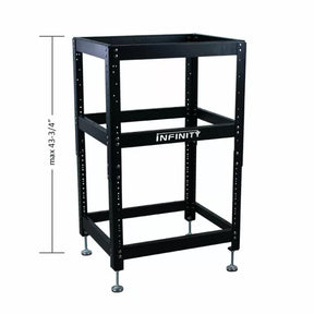 Adjustable black metal router table stand with Infinity logo, max height 43-3/4 inches