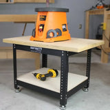 Heavy-duty woodworking workbench with oscillating spindle sander and cordless drill