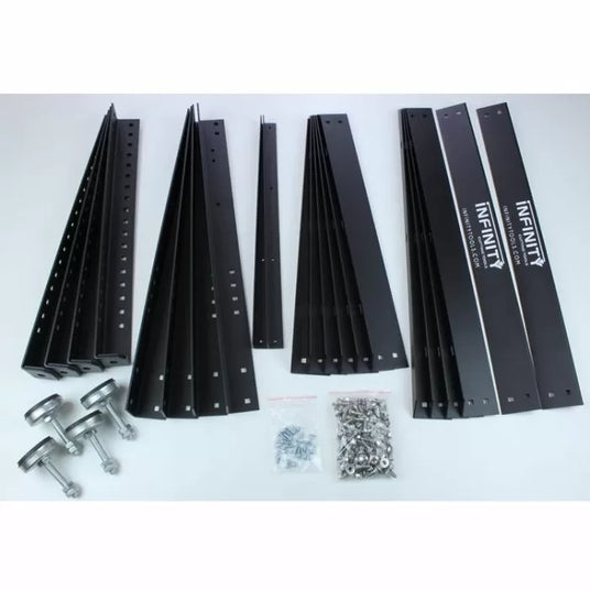 Black metal woodworking table base kit parts with adjustment feet and hardware