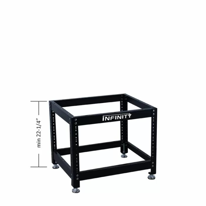 Adjustable black steel router table stand with Infinity logo, minimum height 22-1/4 inches